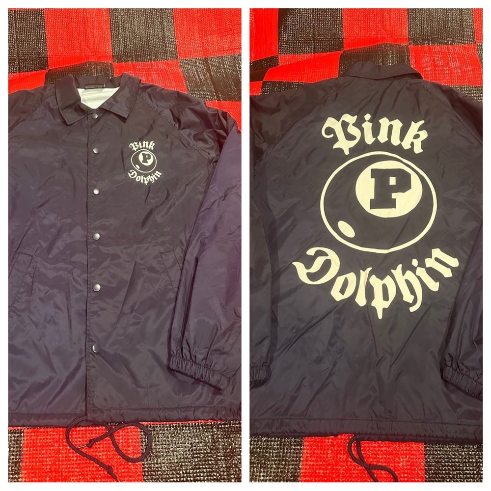 Pink + Dolphin Windbreaker/Rain jacket size M
Pit to pit: 21.5”
Length: 28”